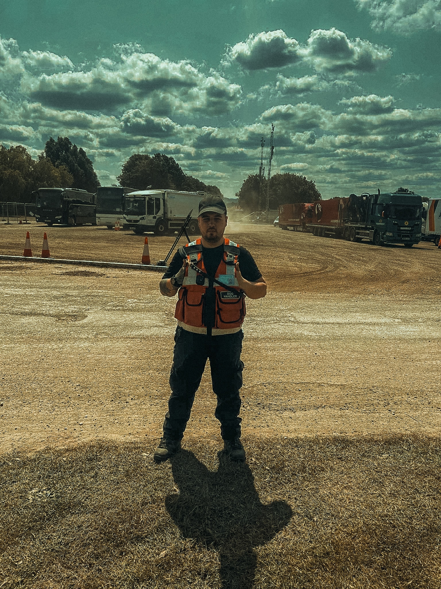 K9 security handler at an operational construction site