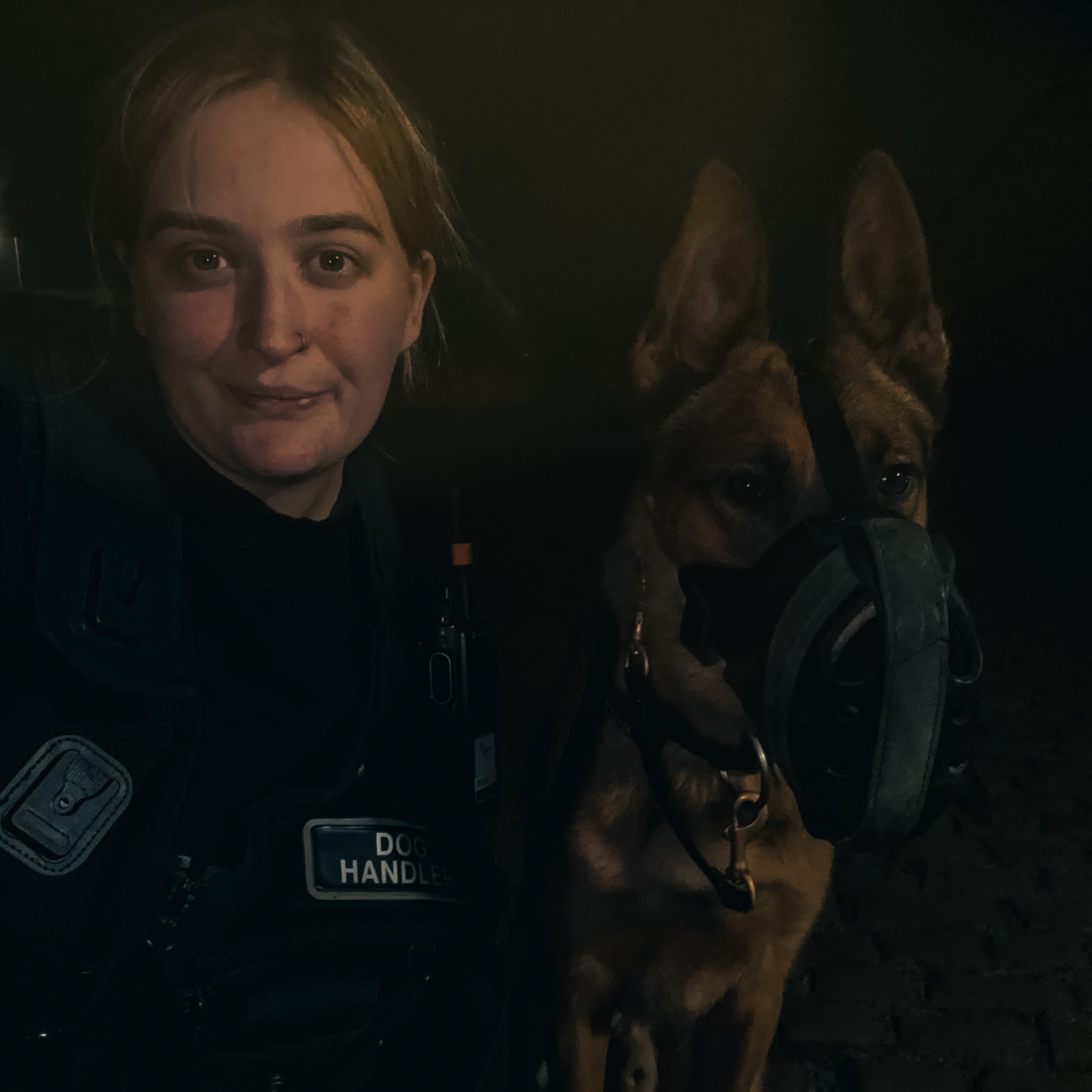 Dog handler with a working K9 during a night-time deployment